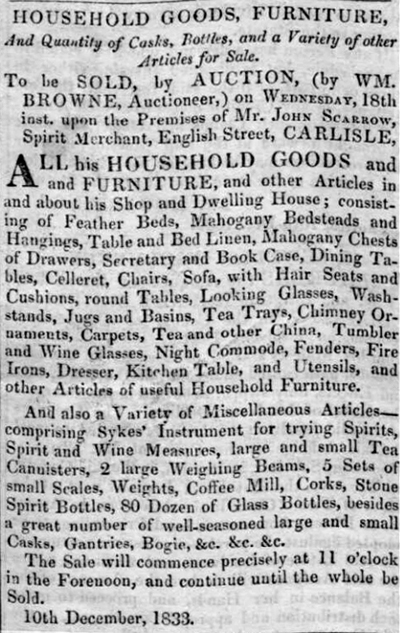 John Scarrow sells Spirit Merchant business in Carlisle 1833